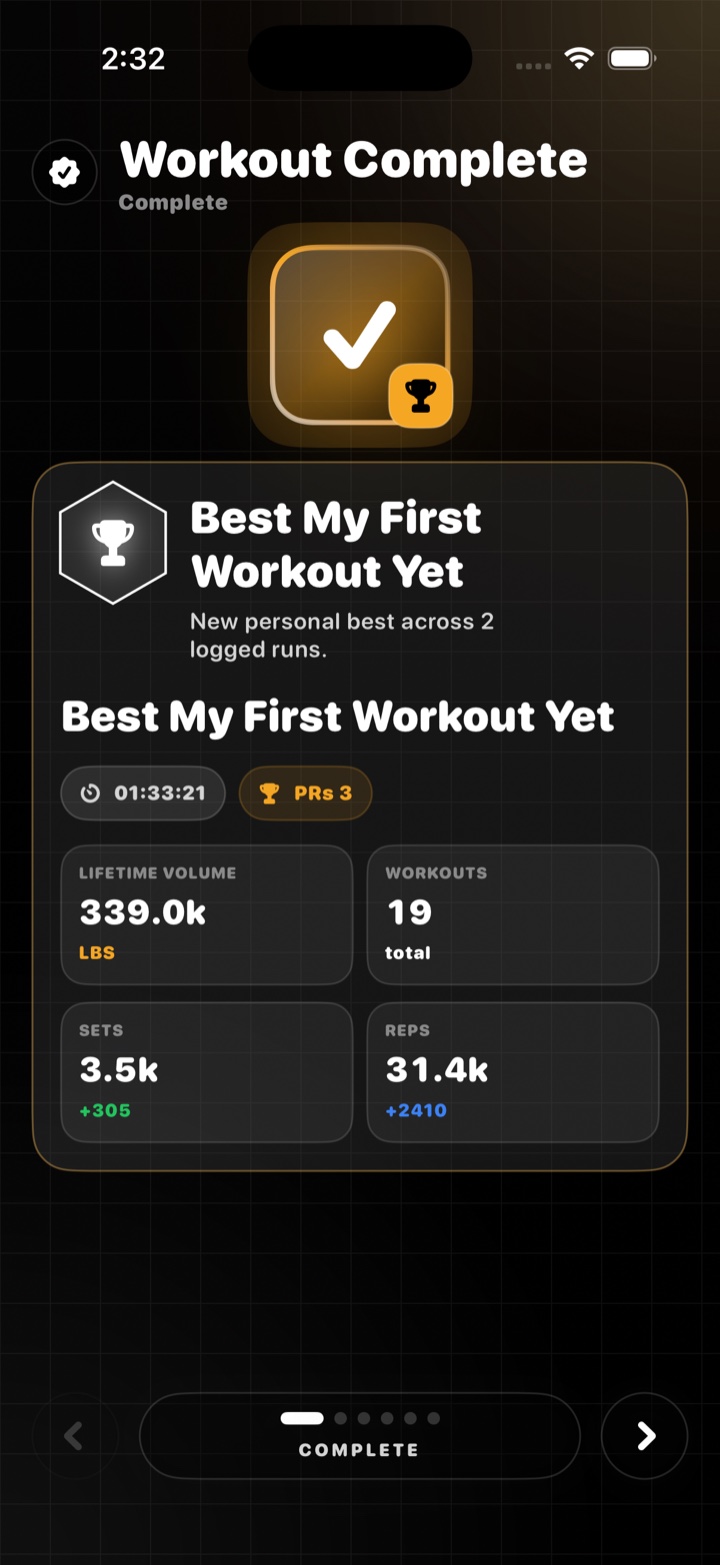 StrengthMaxxer workout completion screen with progression summary