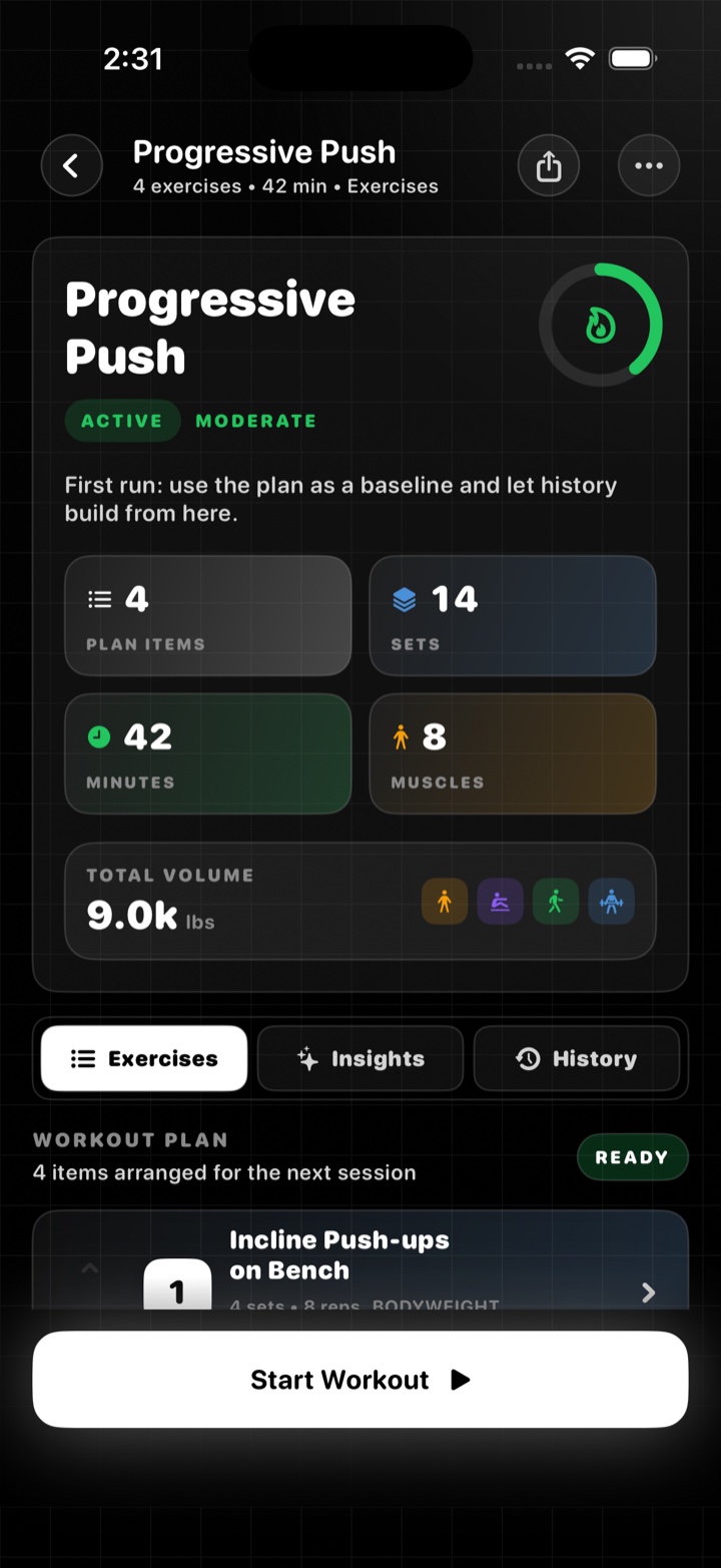 StrengthMaxxer workout detail analytics screen in monoBlack mode